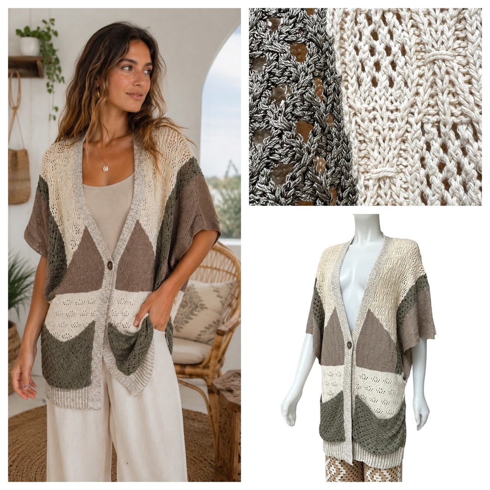 Patchwork Cardigan Linen Long Anthropologie S/M Open Knit Coastal Grandma Boho